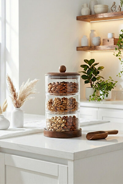 Sevinse Home مجموعة برطمانات زجاجية ثلاثية من GAİA بغطاء مفرغ الهواء، وعاء توابل، وعاء سكر (750-750-600 مل)