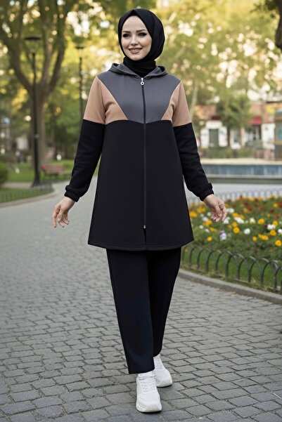 TOFİSA بنطلون تونيك بسحابين بقطع قماش مخيطة معاً - 13107-FUME