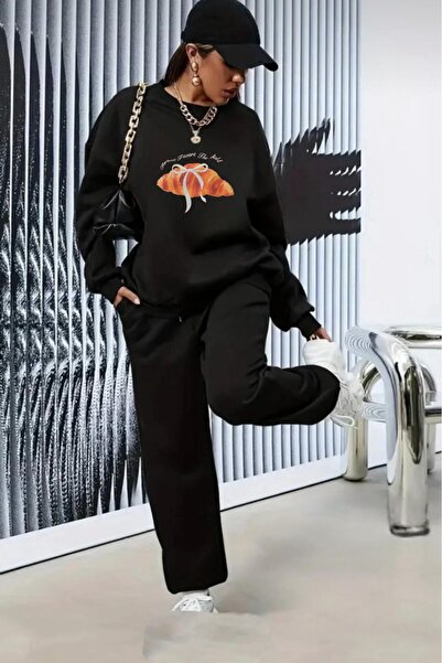 NO 601 Women's Black Crew Neck Sweatpants Croissant Printed Casual Top and Bo...