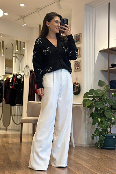 Unique Boutique قماش إكرو عالي الخصر بنطلون واسع الأرجل