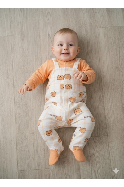 Bip Baby Little Teddy Bear Printed Baby Boy Jumpsuit with Booties