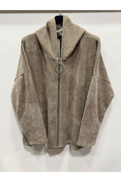 della moor Kadın Vizon İtalyan Kadife Kapüşonlu Fermuarlı Oversize Salaş Swea...