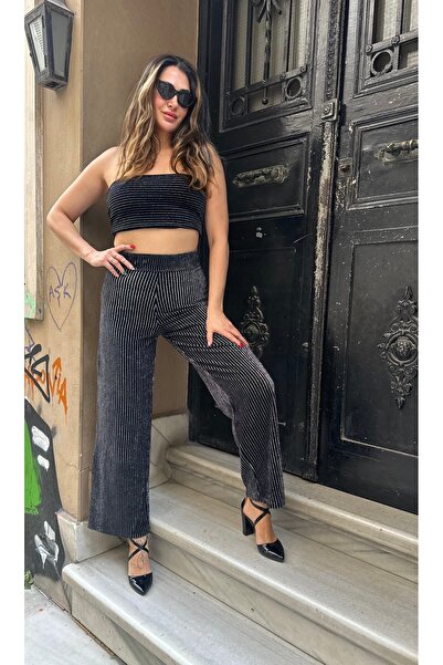 Butik Kadife simli çizgili straplez büstiyer pantolon ikili takım