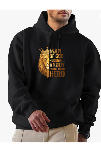 SUNFREE سويت شيرت أسود من القطن مطبوع عليه ASLAN DAD بغطاء رأس