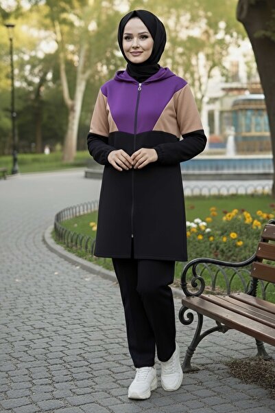 TOFİSA Paneled Zippered Two Thread Tunic Trousers Purple - 13107-Mor