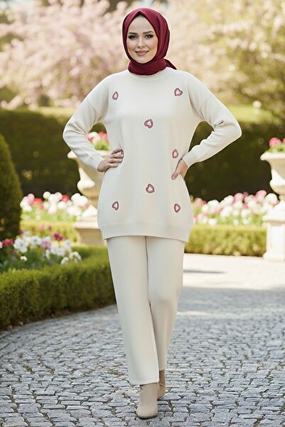 TOFİSA Heart Embroidered Double Knitwear Set Ecru - 28063-Ekru