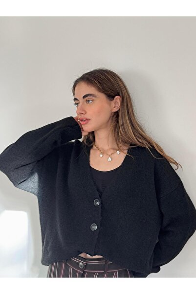 Retrobird Front Buttoned Basic Fleece-Lined Cardigan Women's Charcoal Black