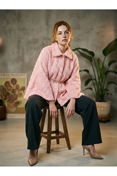 Ceylen Premium Feather Belt Detailed Shirt Collar Women's Poncho