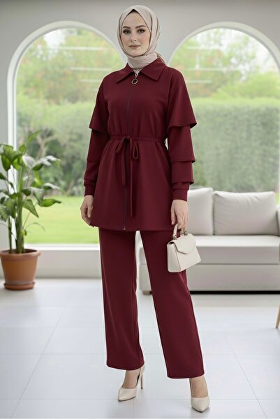 TOFİSA Modal Double Suit with Ruffled Sleeves Burgundy - 089-Bordo