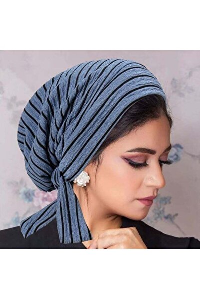 Laravel Striped Muslim Long-Tail Elastic Turban Hijab Undercap - Blue Striped