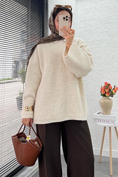 MELEK ARAZ Premium Oversized Basic Women's Knitwear Sweater – Cream