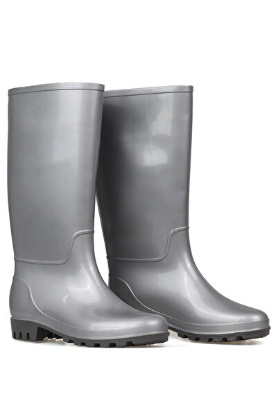 KAJILA Kadın Gümüş Uzun Yağmur Çizmesi, Su Geçirmez PVC, Kaymaz Taban, Günlük...