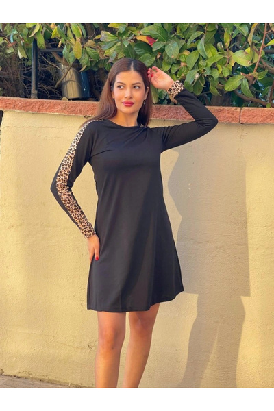 GENCULUS   Women's Long Sleeve Crew Neck Sleeves Leopard Detail Two Thread Mini Length Dress