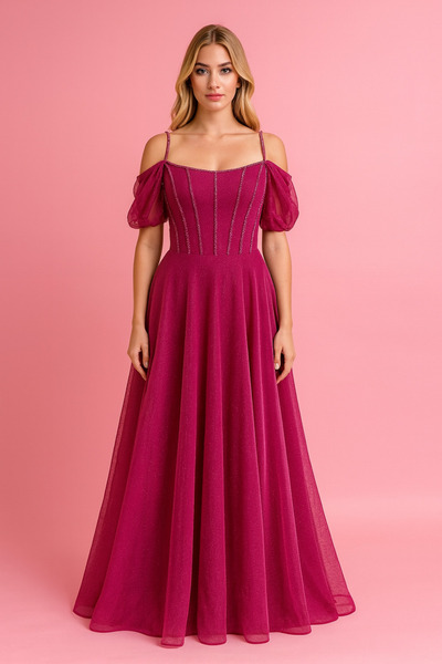 Hüseyin Baştürk Simli Omuz Dekolteli Prenses Model Abiye Elbise