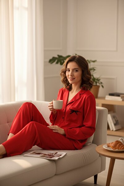 RANDOM Kadın Saten Uzun Kollu Pijama Takımı