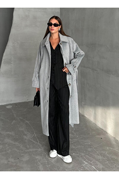 My Blog Gray Backed Slit Belted Cashmere Coat - 54492