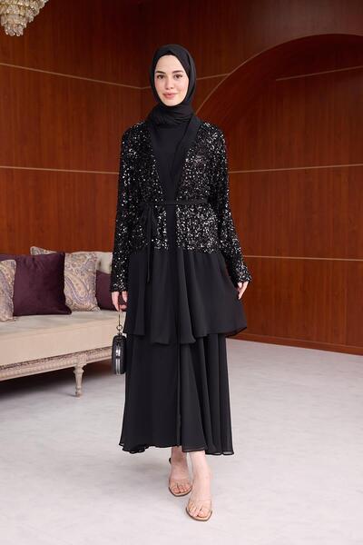 Hülya Keser Payet Kumaş Tesettür Abaya - Siyah