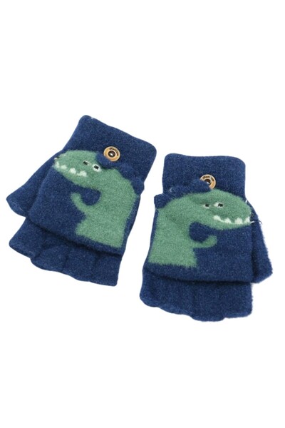 Petityu Sıcacık Lacivert Yeşil Örme Eldiven Erkek Çocuk Eldiven Parmak Ucu Dü...