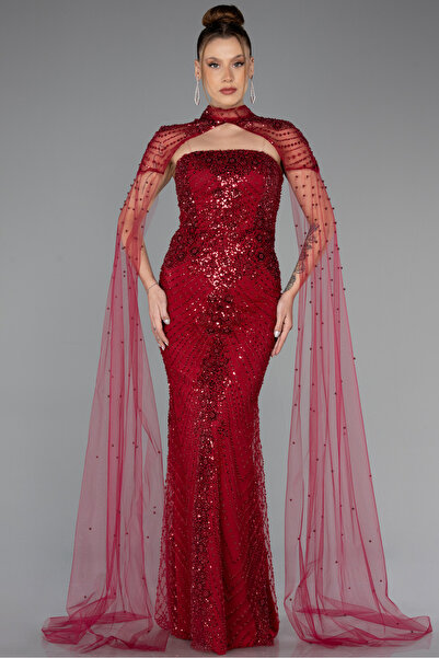 Abiyefon Bordo Straplez Uzun Pelerin Detay Boncuklu Abiye ABU5363