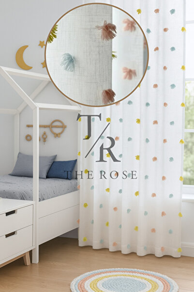 The Rose Perla Renkli Püsküllü Tül Perde, Çocuk Odası, Unisex, Sık Pile