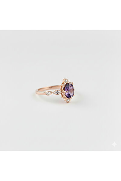 GIBYJEWEL Antika Tarz Pırlanta Modeli Mor Taşlı 925 Ayar Minimal Rose Kaplama...