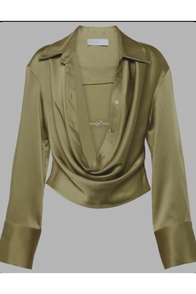 Bohai Design Haki Yeşil Şık Drapeli Saten Gömlek Bluz