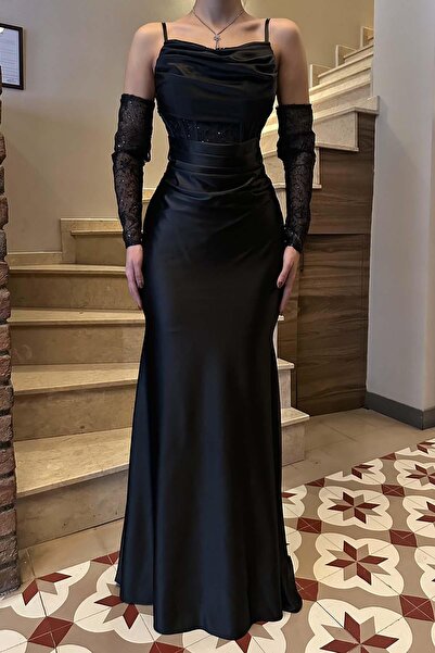 My Loore Γυναικείο μαύρο σατέν μακρύ βραδινό φόρεμα με λουράκια Κομψό βραδινό...