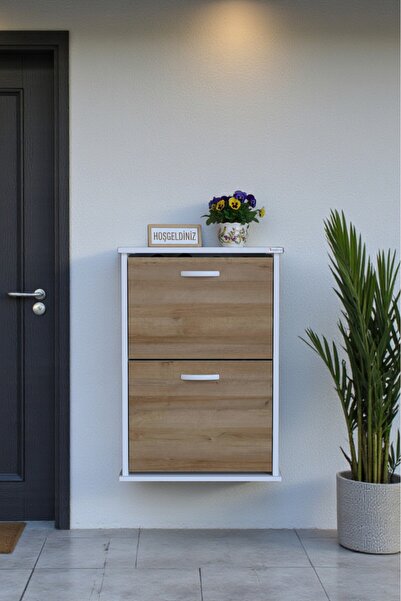 Eliusta Holen Meşe Renk Ayakkabılık 2 Düşer Kapak 52 cm Genişlik Kapı Önü Asm...