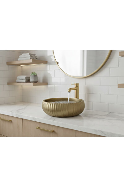 EMFA AKSESUAR Antik Çizgili Tezgah Üstü Çanak Lavabo 40x40x12,5 - Mat Gold Lavabo Taşı