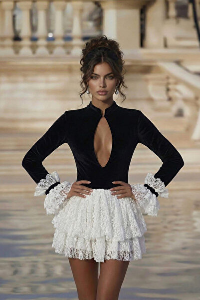 Love Fab Bodysuit with Chest Padding, Velvet Mini Dress with Lace Ruffle Details