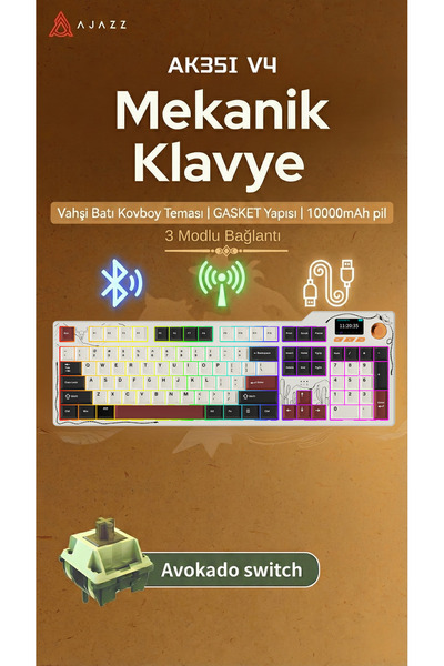 Ajazz Ak35iV4 Tam Boy Mekanik Oyuncu Klavyesi-TFT Ekran-10.000 Mah Batarya-Öz...