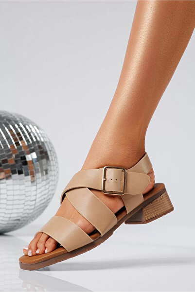 Zaira Sandale cu toc dama bej din piele ecologica Aldina #22057 - 41