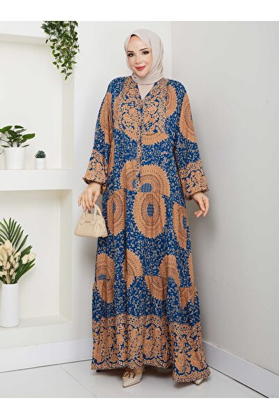SAHRA BUTİK Half Placket Buttoned Viscose Dress - Blue -