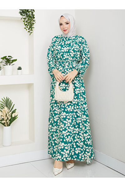 SAHRA BUTİK Leaf Patterned Viscose Dress - Green -