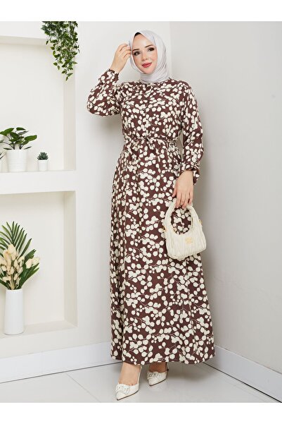 SAHRA BUTİK Leaf Patterned Viscose Dress - Brown -