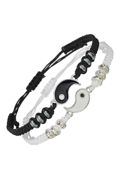 Sarphia Store Set of two adjustable Tai Chi Yin and Yang bracelets, black and...