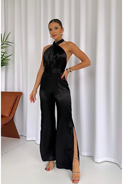 DİLA BOUTIQUE Saten yırtmaçlı tulum