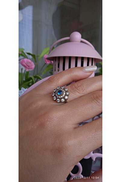 MİLLA 925 Ayar Gümüş Otantik Hürrem Sultan Yüzük Çiçek Motifli Aquamarine Taşlı