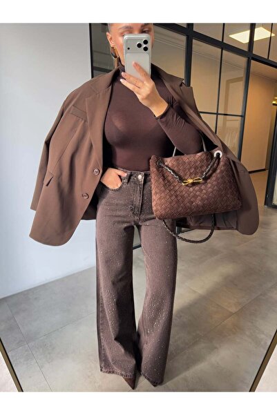 BB Bensu Buyruk KAHVERENGİ YIKAMALI TAŞLI WİDE LEG JEAN