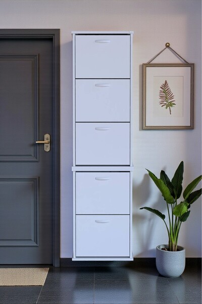 Eliusta Porta 10 Bölmeli Ayakkabılık Beyaz 52 cm Genişlikte 52x193x26 cm Duvara Monte Ayakkabılık