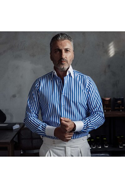 Merer Blue striped shirt with white collar and cuffs Slim Fit