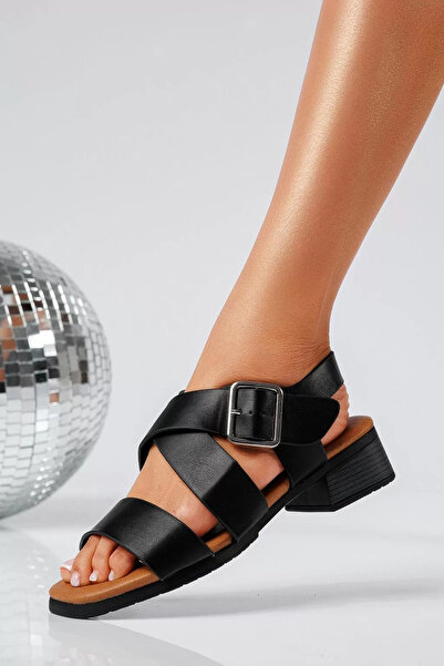 Zaira Sandale cu toc dama negre din piele ecologica Aldina #22055 - 41