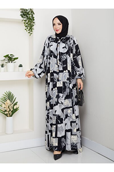 SAHRA BUTİK Half Placket Buttoned Viscose Dress - Gray -