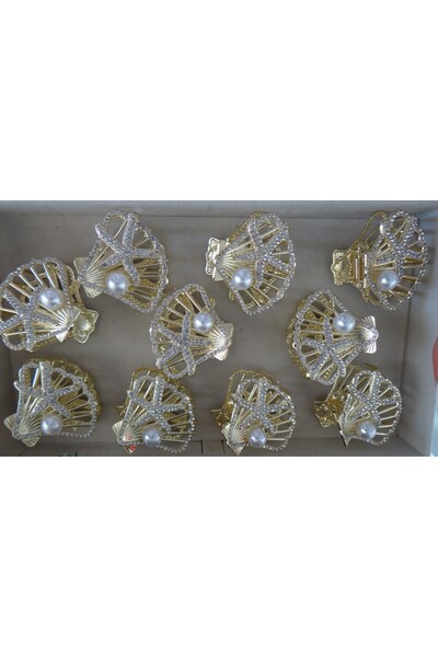 pollio accessorry Taşlı İnci Detaylı Deniz Kabuğu Figürlü Gold Pençe Toka