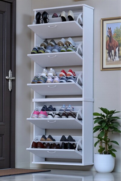 Eliusta Sho Beş Düşer Kapaklı Ayakkabılık Beyaz Renk 72 cm Asma 72x193x26 cm Ayakkabılık