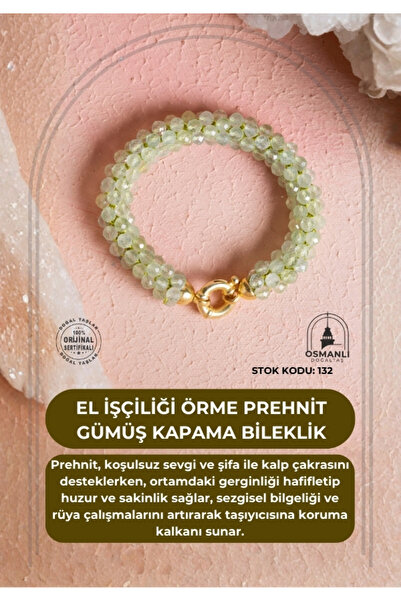 OSMANLI DOĞAL TAŞ Certified Handcrafted Knitted Prehnite Silver Clasp Bracelet (Sk:132)