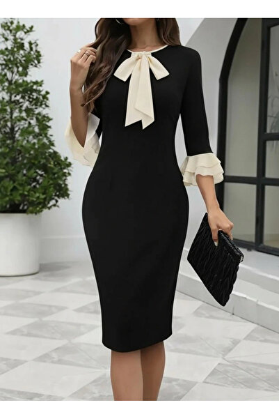 GENCULUS Women's Three Quarter Sleeve Bow Collar Midi Imported Crepe Dress