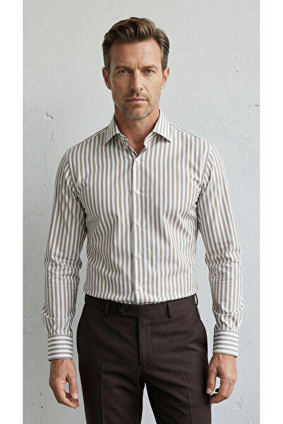 alenmeza Men's Beige Striped Cotton Satin Lycra Easy-Iron Modern Fit Long Sleeve Pocketless Shirt