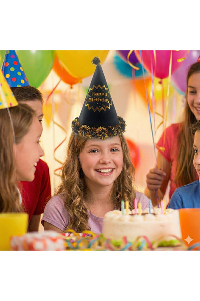 DODOMAR 40 cm Head Circumference – 25 cm Glittery Black Foil Pompom Happy Bir...