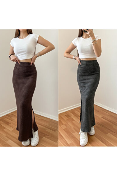 FOORS Advantageous Pack of 2 High Waist Slit Knitwear Corded Fabric Skirt